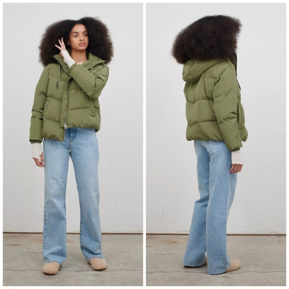 $330 Jakke Poppy Recycled Polyester Puffer Jacket Full Zip Hooded Green XS or 2